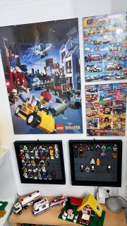 Lego poster, framed 90s boxes cut-outs and minifig frames