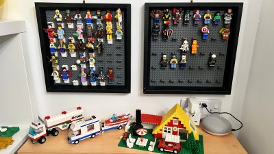 Lego poster, framed 90s boxes cut-outs and minifig frames
